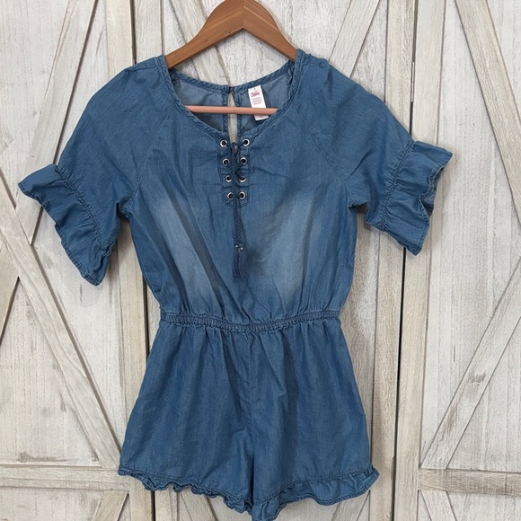 Blue Lace-Up Justice Chambray Romper - Picture 1 of 7